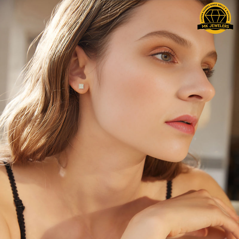 3D Square Cluster Stud Earrings – 6.5MM | 2.52g | S925 Silver or Gold Plated | VVS Moissanite | GRA Certified