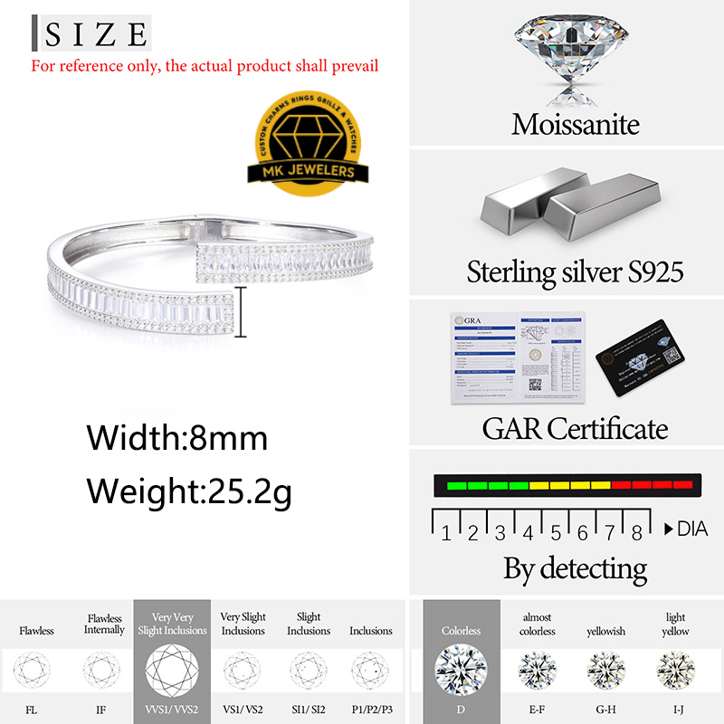 8MM Moissanite Baguette Bangle – 8" | Solid 925 Sterling Silver | White or Blue Stone Options