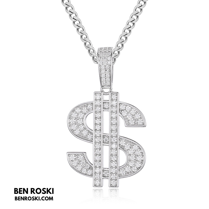 Moissanite Dollar Sign Pendant Sterling Silver or Gold/Rose Gold Plated | VVS Moissanite | GRA Certified