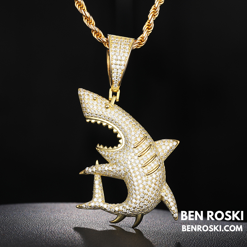 Iced-Out Shark Pendant Sterling Silver, Gold, or Rose Gold | VVS Moissanite | GRA Certified