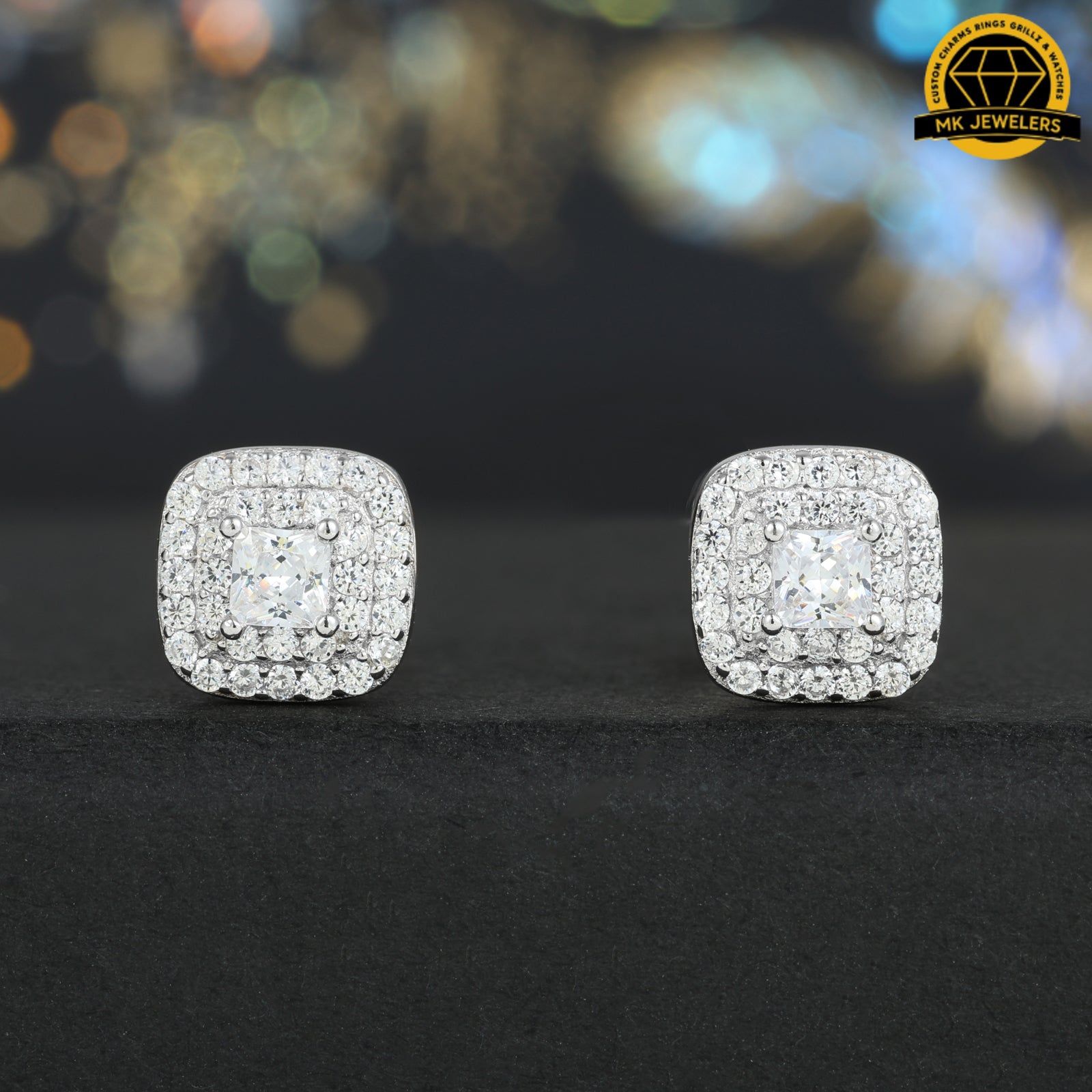 Double Halo Cushion Stud Earrings – 8MM | S925 Silver or Gold Plated | VVS Moissanite | GRA Certified