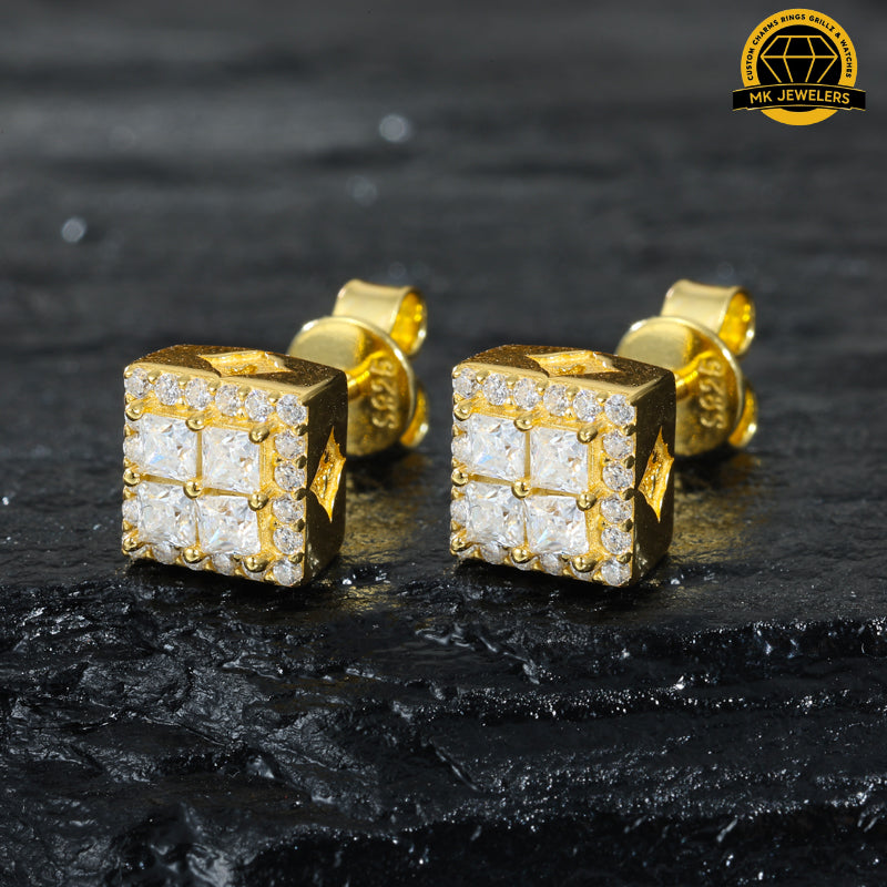 3D Square Cluster Stud Earrings – 6.5MM | 2.52g | S925 Silver or Gold Plated | VVS Moissanite | GRA Certified