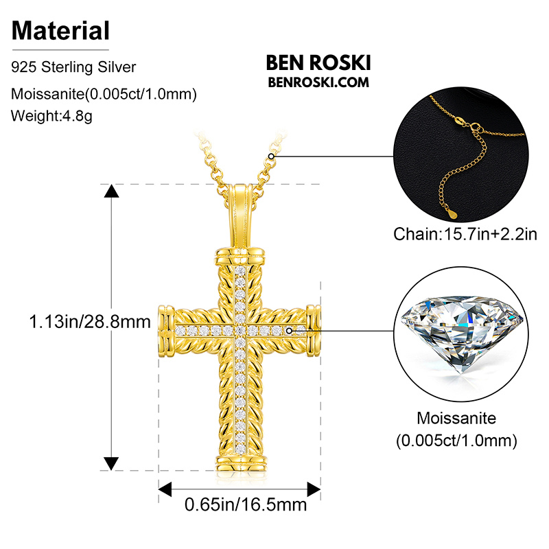 Rope-Edge Moissanite Cross Pendant Sterling Silver, Gold, or Rose Gold | VVS Moissanite | GRA Certified