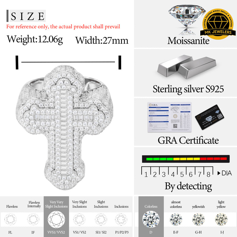 Cross Moissanite Ring – Sizes 8,9,10 &11 | 12.06g | S925 Silver, Gold, or Rose Gold | VVS Moissanite | GRA Certified