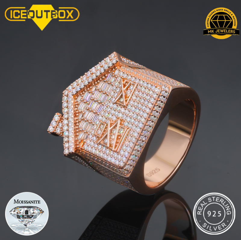 Iced-Out Roman Numeral Mansion Ring – 24MM | 18.5g | S925 Silver or Gold/Rose Gold Plated | VVS Moissanite | GRA Certified