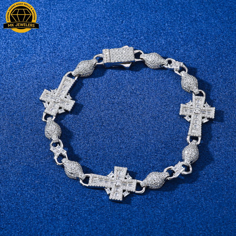 14MM Iced Cross Moissanite Bracelet – 7.5-Inch | 925 Sterling Silver or Gold Finish | GRA Certified