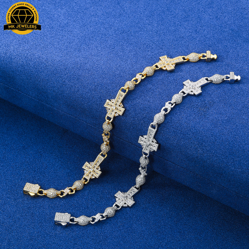 14MM Iced Cross Moissanite Bracelet – 7.5-Inch | 925 Sterling Silver or Gold Finish | GRA Certified