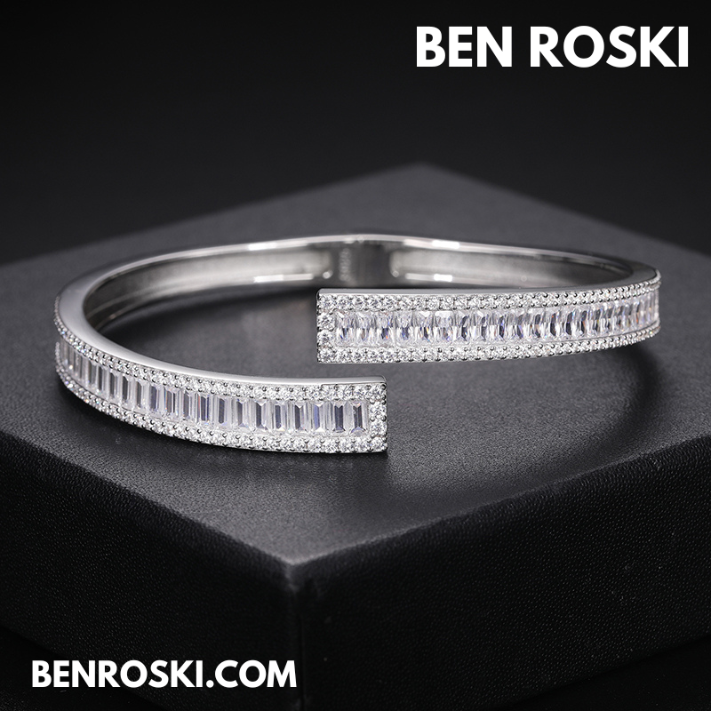 8MM Moissanite Baguette Bangle – 7" & 8" | Silver, Gold Plated & Rose Gold Plated over 925 Sterling Silver | GRA Certified