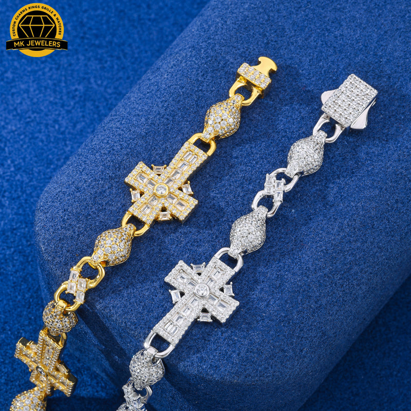 14MM Iced Cross Moissanite Bracelet – 7.5-Inch | 925 Sterling Silver or Gold Finish | GRA Certified