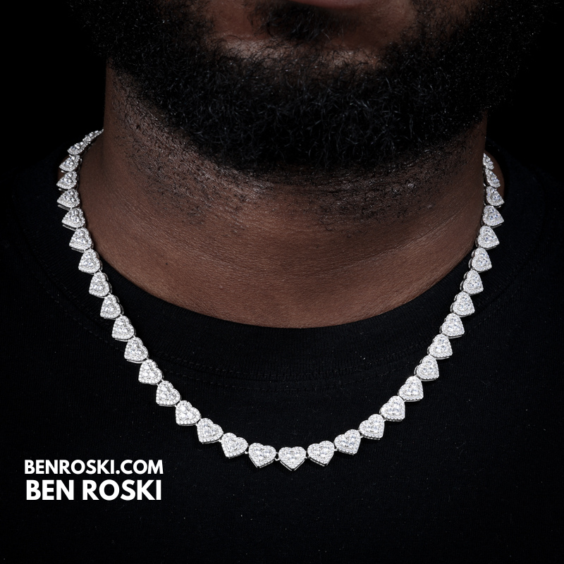 8MM Heart Moissanite Chain – 18 / 20 / 22 Inches | Silver, Gold, or Rose Gold | GRA Certified