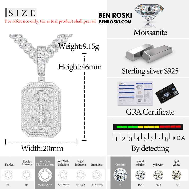 Iced-Out Dollar Sign Pendant sterling Silver or Gold Plated | VVS Moissanite | GRA Certified