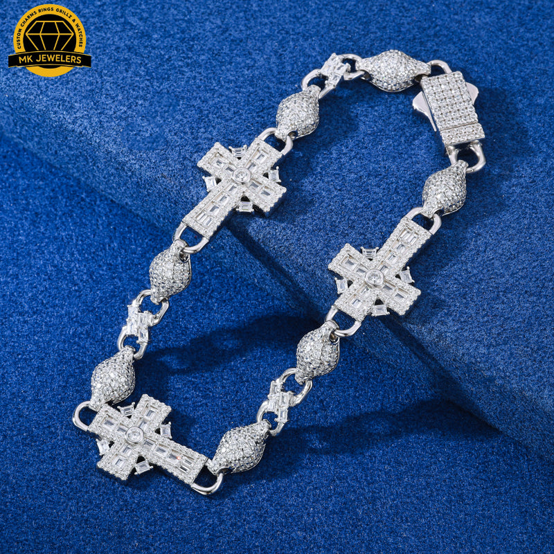 14MM Iced Cross Moissanite Bracelet – 7.5-Inch | 925 Sterling Silver or Gold Finish | GRA Certified