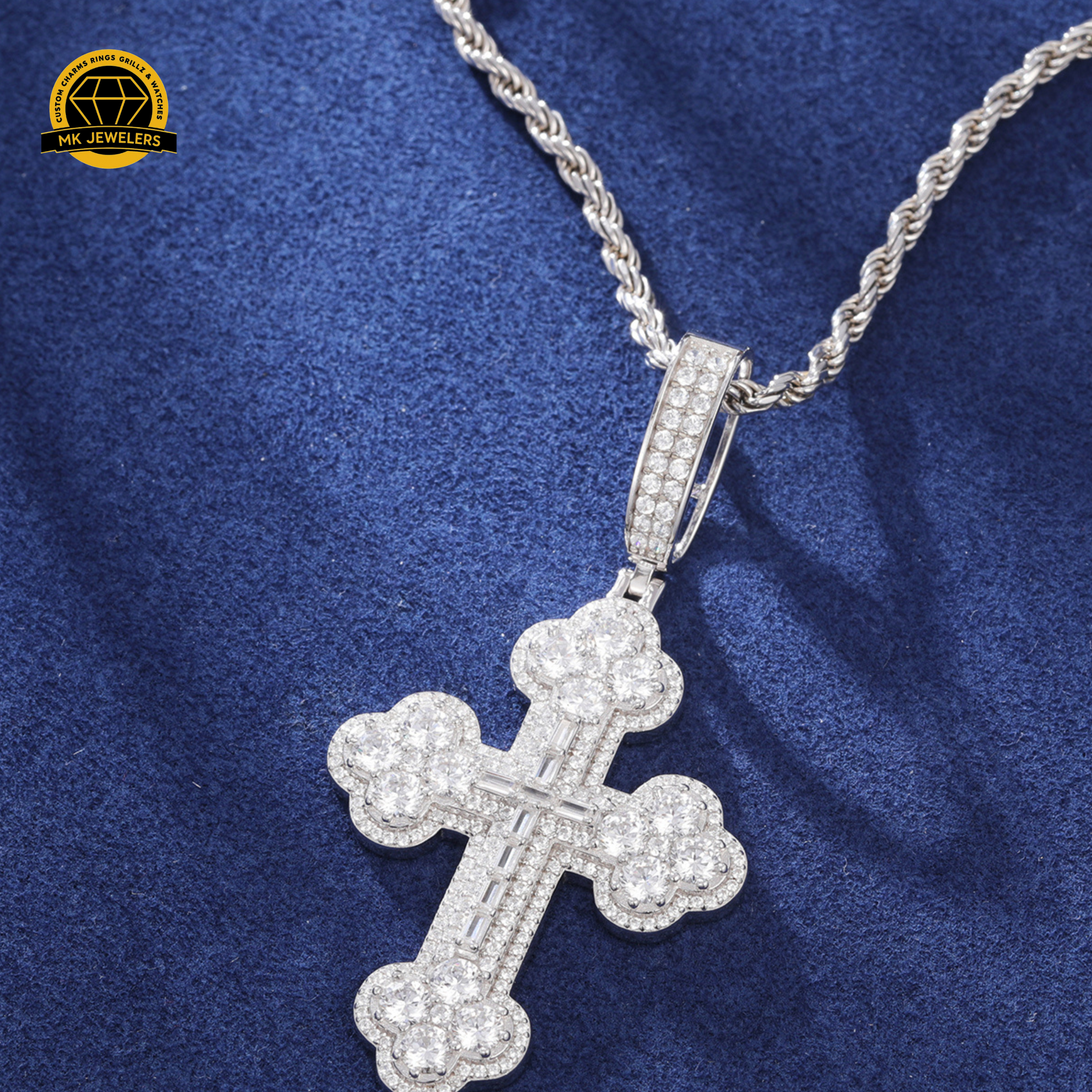 Moissanite Round Cluster Cross Pendant – 65MM | 15.2g | S925 Silver, Gold, or Rose Gold | VVS Moissanite | GRA Certified