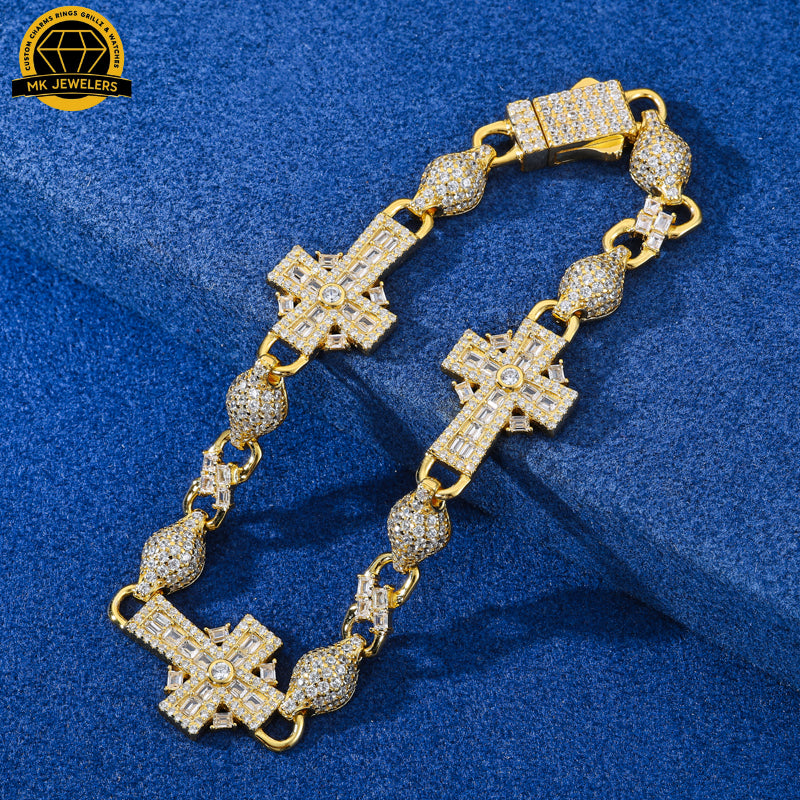 14MM Iced Cross Moissanite Bracelet – 7.5-Inch | 925 Sterling Silver or Gold Finish | GRA Certified