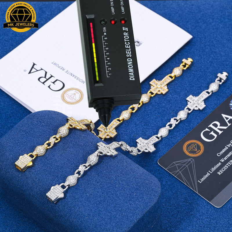 14MM Iced Cross Moissanite Bracelet – 7.5-Inch | 925 Sterling Silver or Gold Finish | GRA Certified