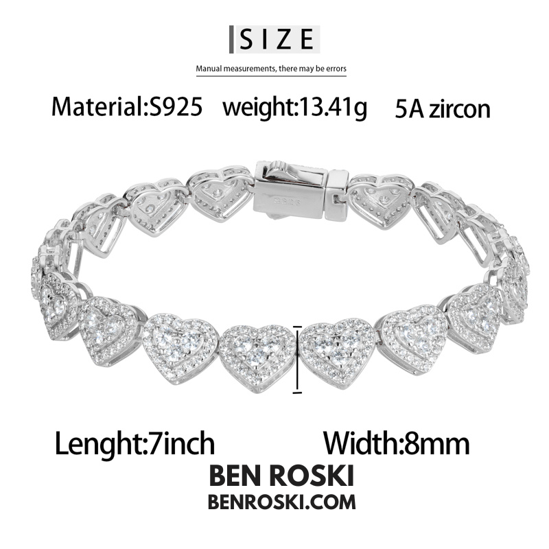 8MM Heart Moissanite Bracelet – 7-Inch / 8-Inch | Silver, Gold, or Rose Gold | GRA Certified