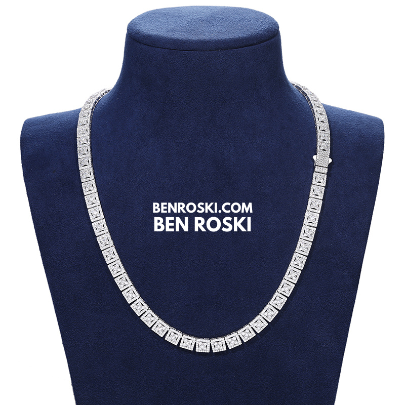 8MM Square Cluster Moissanite Chain – 18/20/22 Inch | Silver, Gold, or Rose Gold | GRA Certified