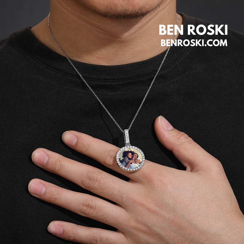 Custom Round Photo Pendant Sterling Silver, Gold & Rose Gold | VVS Moissanite | GRA Certified