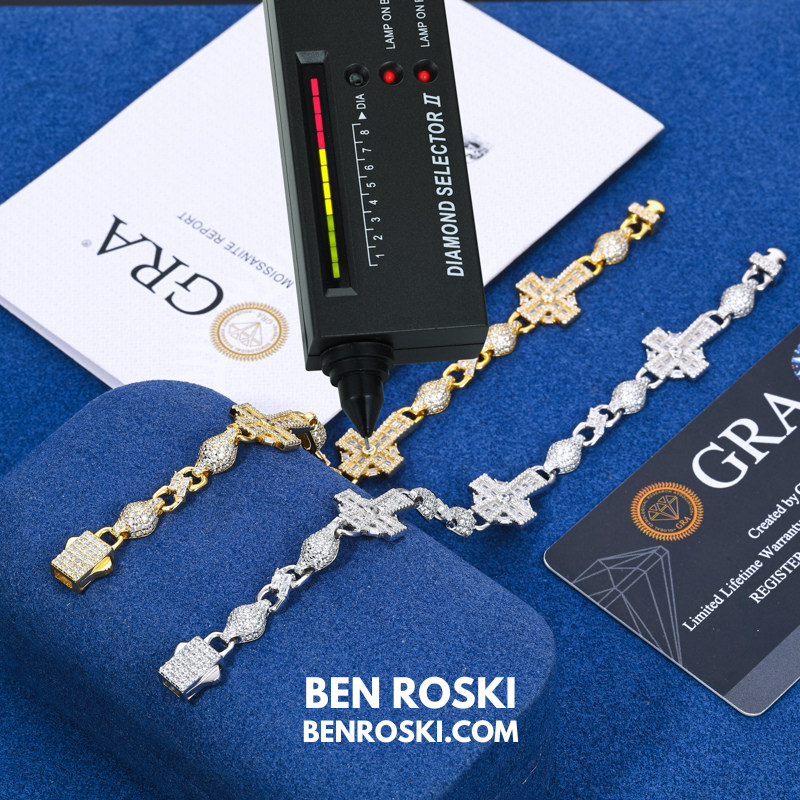 Moissanite Cross Link Bracelet – 7.5" & 8" | 14MM | 17.94g | S925 Silver, Gold, or Rose Gold | VVS Moissanite | GRA Certified