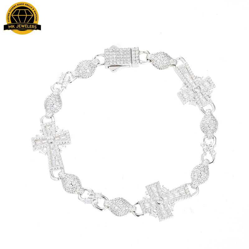 14MM Iced Cross Moissanite Bracelet – 7.5-Inch | 925 Sterling Silver or Gold Finish | GRA Certified