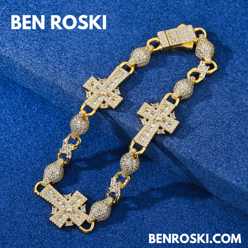 Moissanite Cross Link Bracelet – 7.5" & 8" | 14MM | 17.94g | S925 Silver, Gold, or Rose Gold | VVS Moissanite | GRA Certified