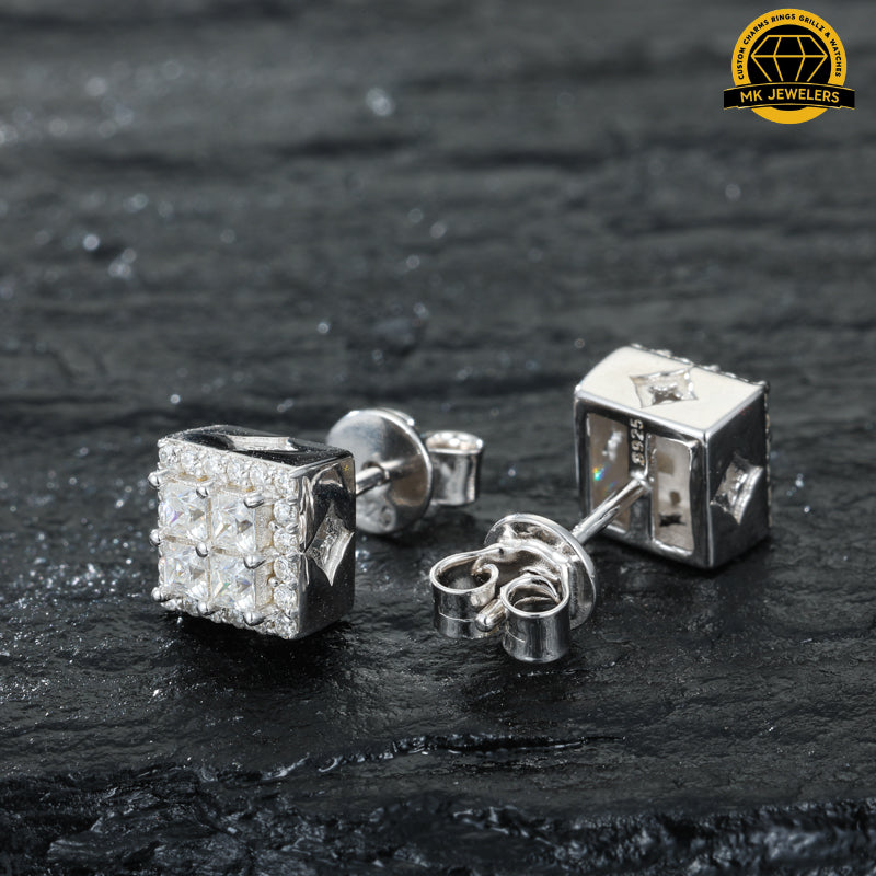 3D Square Cluster Stud Earrings – 6.5MM | 2.52g | S925 Silver or Gold Plated | VVS Moissanite | GRA Certified