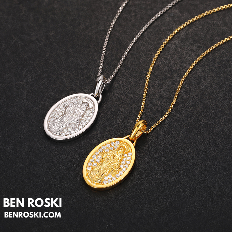 Saint Religious Oval Pendant Sterling Silver, Gold & Rose Gold | VVS Moissanite | GRA Certified
