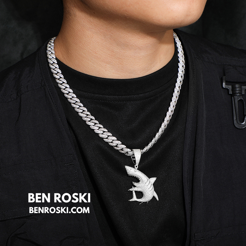 Iced-Out Shark Pendant Sterling Silver, Gold, or Rose Gold | VVS Moissanite | GRA Certified