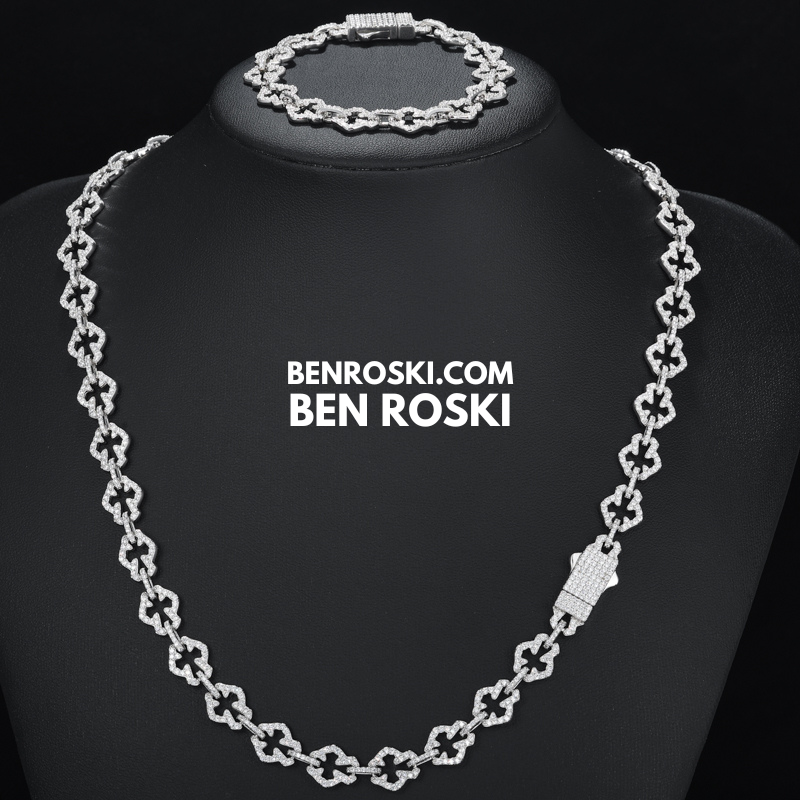 Iced-Out Clover Link Necklace – 18 / 20 / 22 Inches | 10MM | S925 Silver, Gold & Rose Gold | VVS Moissanite | GRA Certified