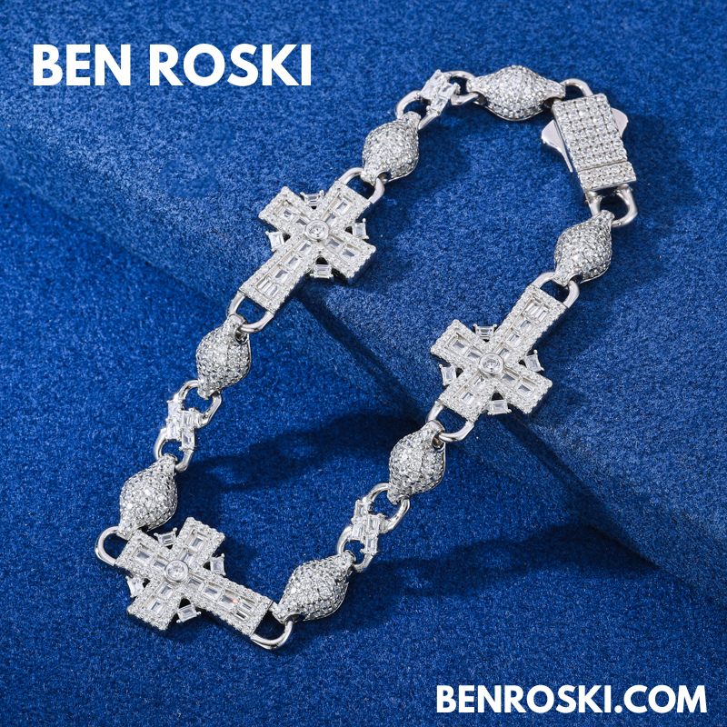 Moissanite Cross Link Bracelet – 7.5" & 8" | 14MM | 17.94g | S925 Silver, Gold, or Rose Gold | VVS Moissanite | GRA Certified