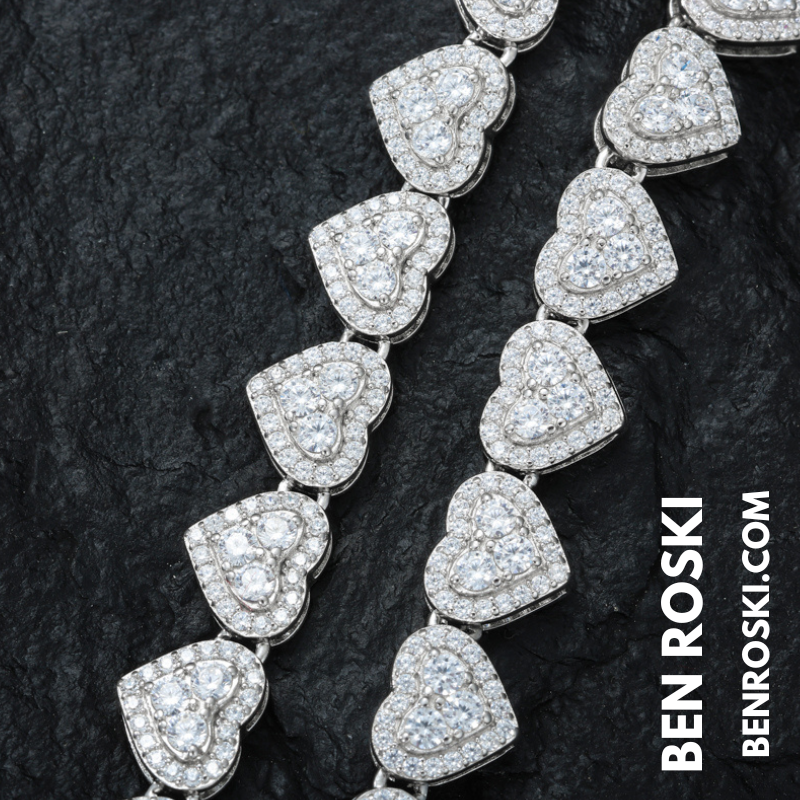 8MM Heart Moissanite Chain – 18 / 20 / 22 Inches | Silver, Gold, or Rose Gold | GRA Certified