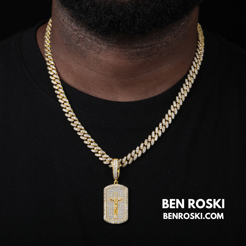 Crucifix Dog Tag Pendant Sterling Silver, Gold & Rose Gold | VVS Moissanite | GRA Certified