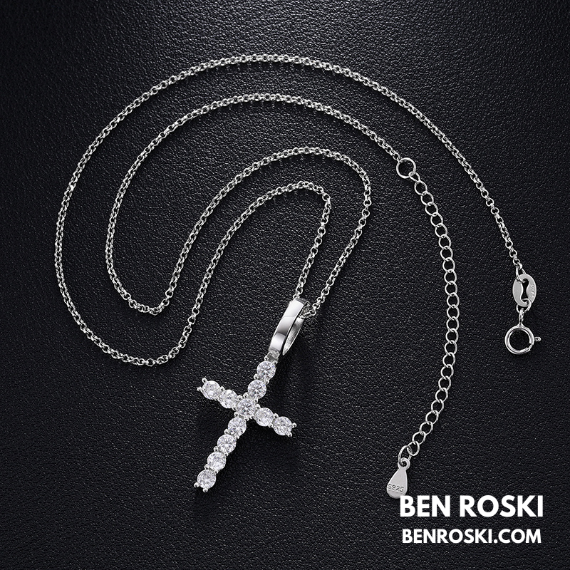 Moissanite Cross Pendant Necklace Sterling Silver or Gold / Rose Gold Plated | VVS Moissanite | GRA Certified