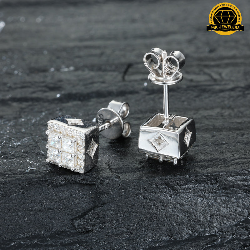 3D Square Cluster Stud Earrings – 6.5MM | 2.52g | S925 Silver or Gold Plated | VVS Moissanite | GRA Certified