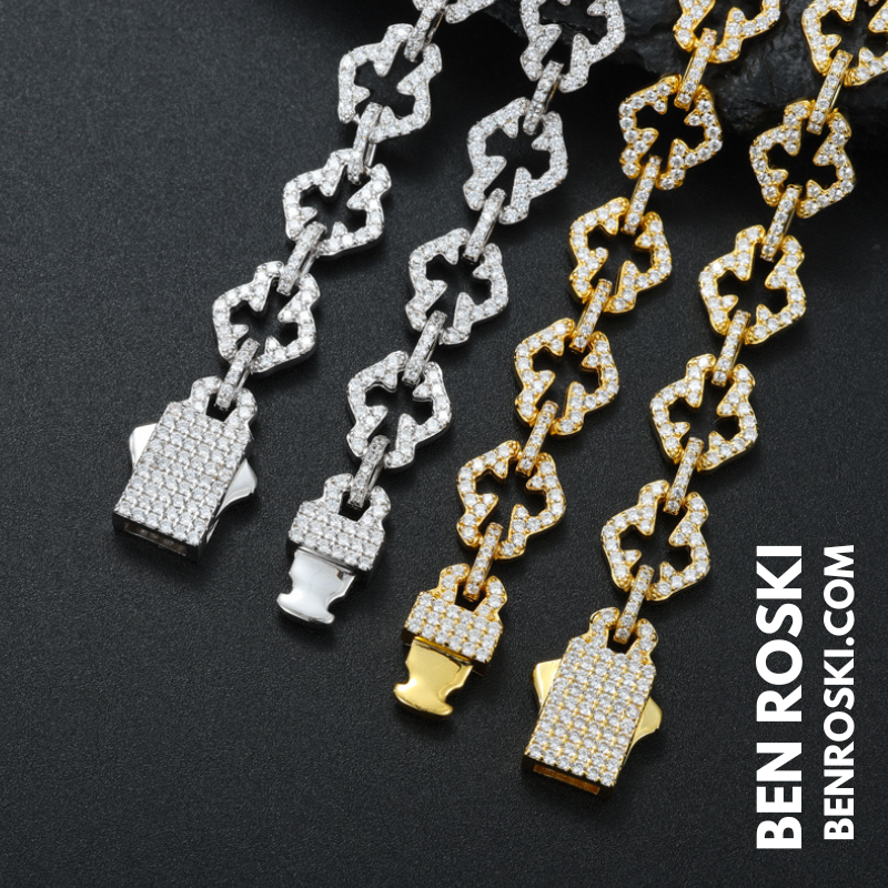 Iced-Out Clover Link Necklace – 18 / 20 / 22 Inches | 10MM | S925 Silver, Gold & Rose Gold | VVS Moissanite | GRA Certified