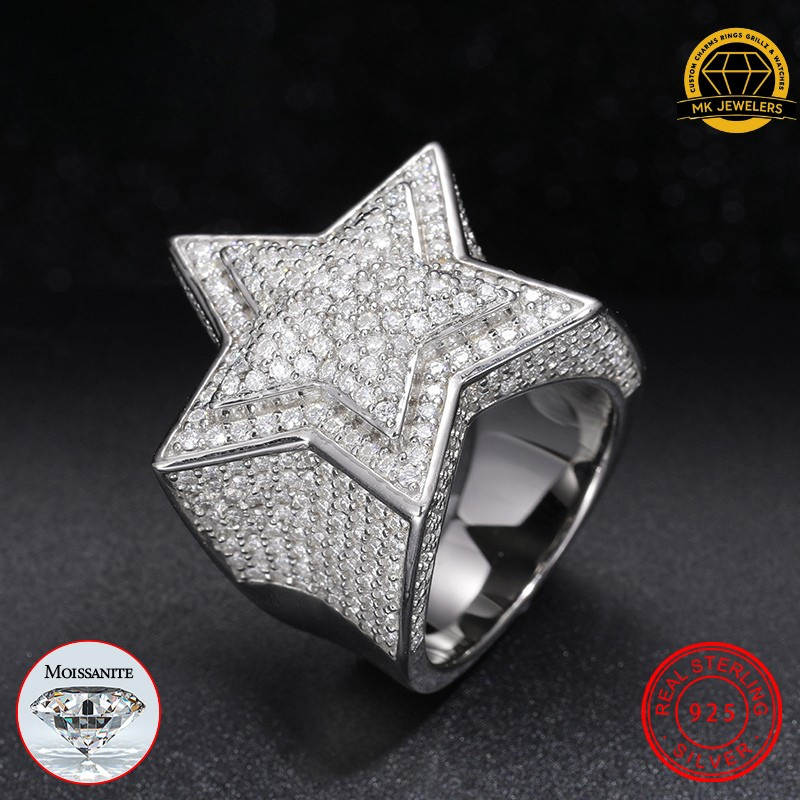 Star Iced-Out Ring – 20MM Height | 6MM Width | 8.5g | S925 Silver or Gold/Rose Gold Plated | VVS Moissanite | GRA Certified
